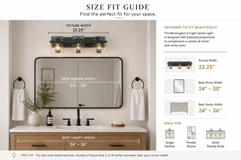 Z-Lite Bennington Matte Black 3 Light Vanity 1938-3V-MB size fit guide