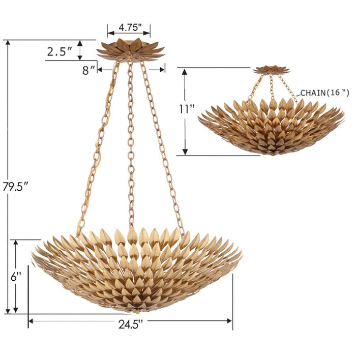 Broche 6 Light Antique Gold Leaf Pendant Chandelier - Chandeliers