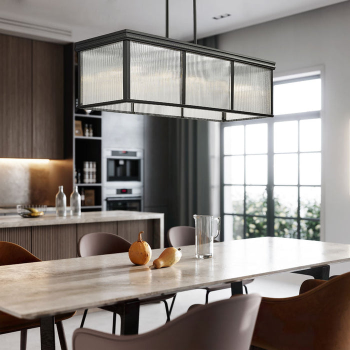 carnaby matte black 10 light linear chandelier with ribbed glass shade
