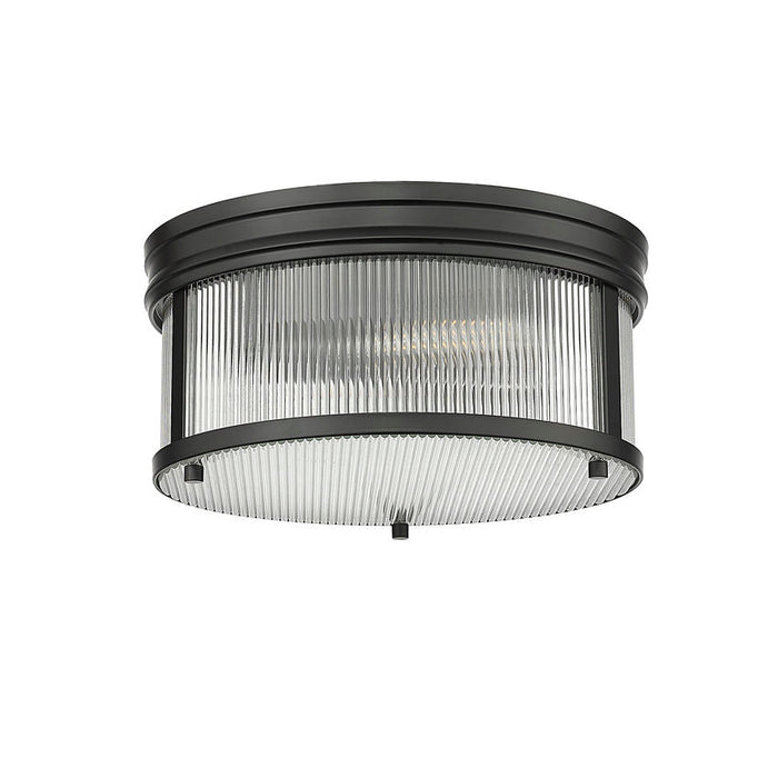 carnaby matte black 2 light flushmount with ribbed glass shade