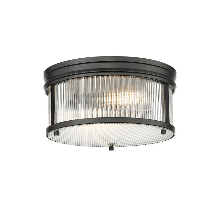 carnaby matte black 2 light flushmount with ribbed glass shade
