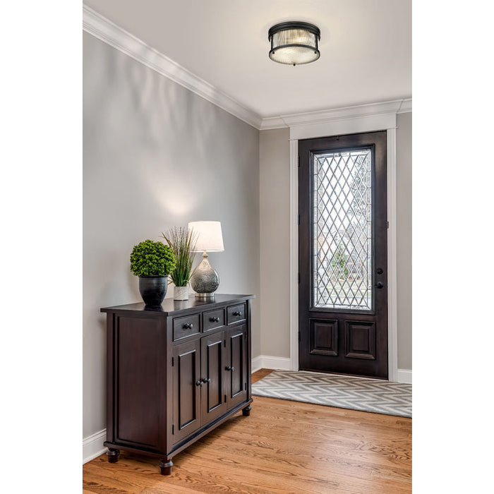 carnaby matte black 2 light flushmount with ribbed glass shade