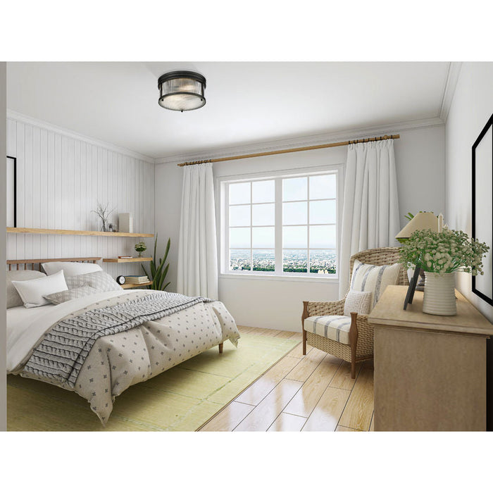 carnaby matte black 2 light flushmount with ribbed glass shade