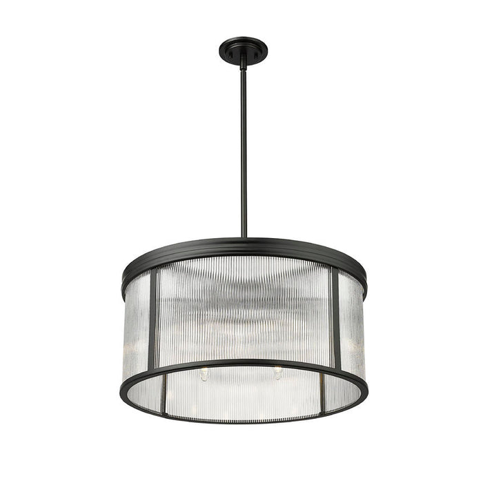 carnaby matte black 6 light pendant with ribbed glass shade