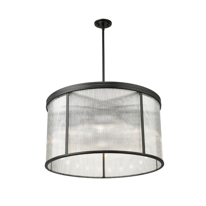 carnaby matte black 9 light pendant with ribbed glass shade