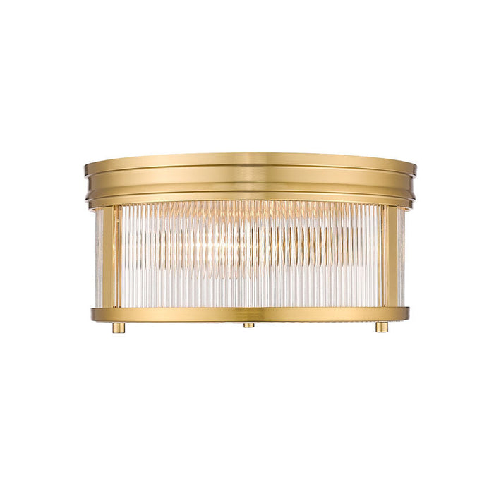 carnaby modern gold 2 light flushmount with ribbed glass shade