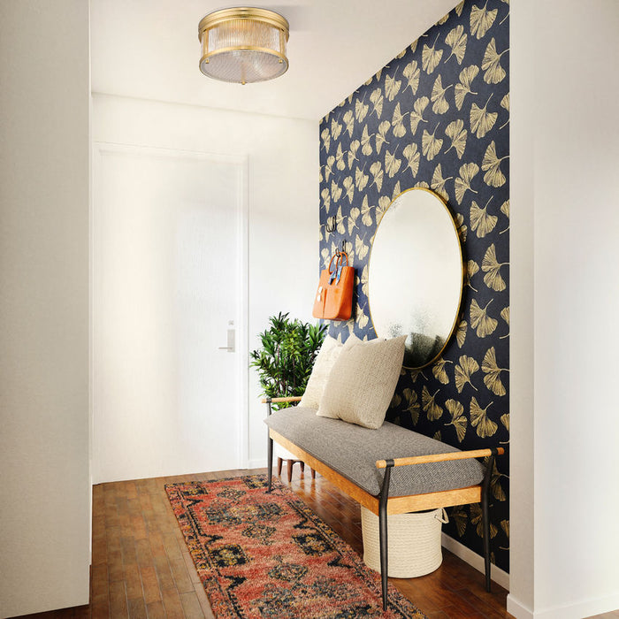 carnaby modern gold 2 light flushmount with ribbed glass shade