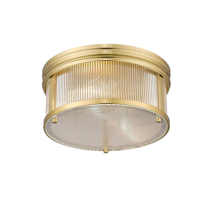 carnaby modern gold 2 light flushmount with ribbed glass shade