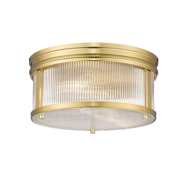 carnaby modern gold 2 light flushmount with ribbed glass shade