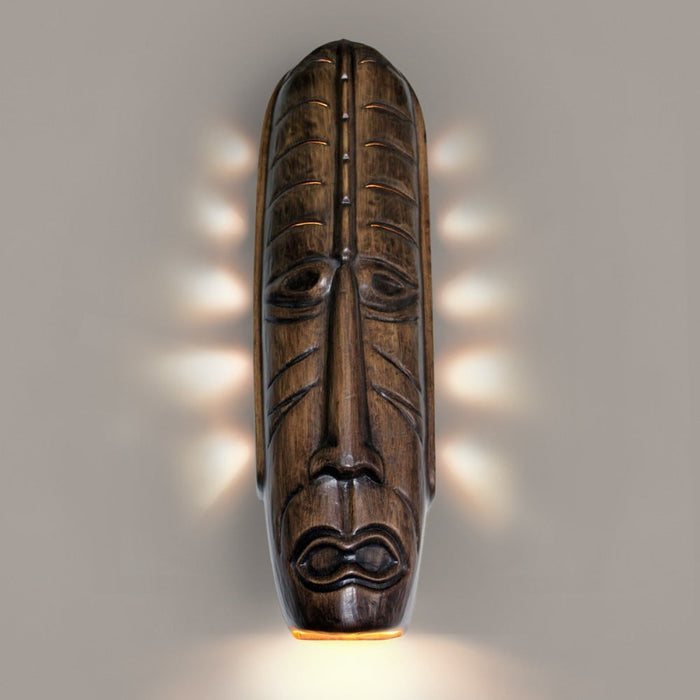 Tribal Mask Dark Teak Wall Sconce - Wall Sconce