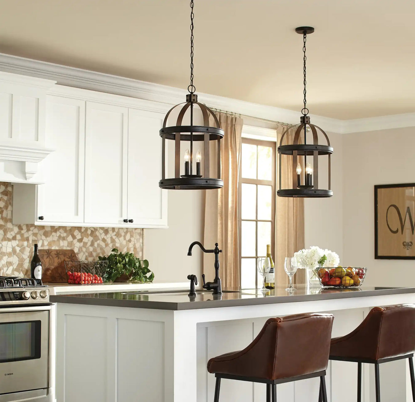 Two cage-style pendant lights.