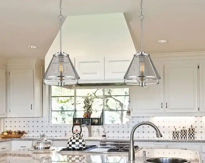 Two mesh pendant lights.