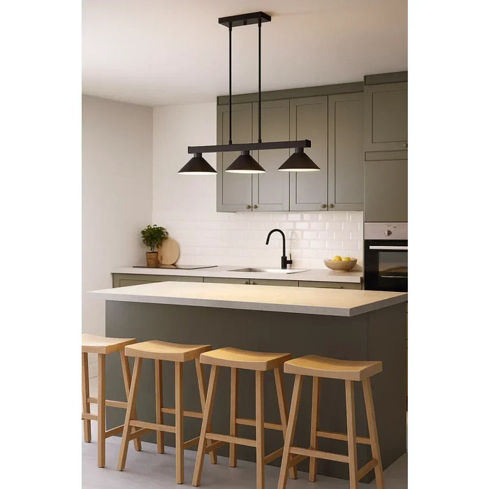 Z-Lite Cobalt Matte Black 3-Light Island Pendant over a modern kitchen island, matte black finish with clean linear design and adjustable rods