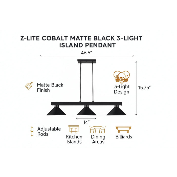 Z-Lite Cobalt Matte Black 3-Light Island Pendant dimensions infographic – 46.5” width, 15.75” height, 14” shade depth with adjustable rods and matte black finish