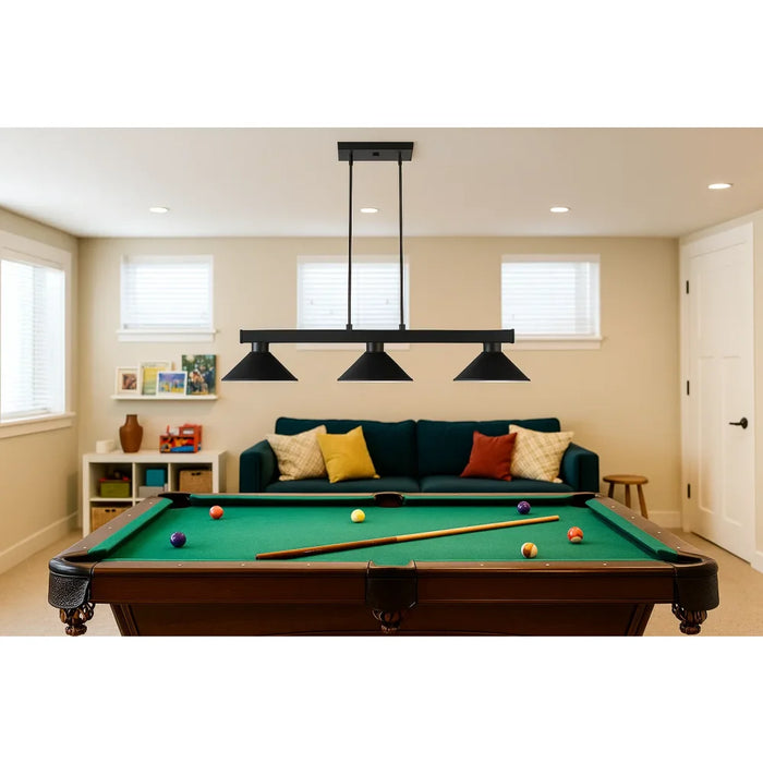 Z-Lite Cobalt Matte Black 3-Light Island Pendant lighting a green felt pool table in family game room, modern billiard light with matte black finish