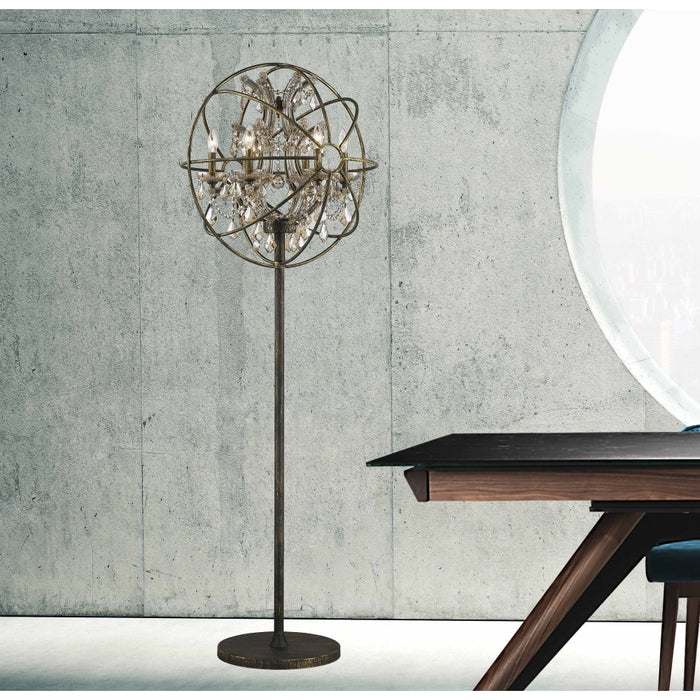 Armillary Antique Bronze Golden Teak Crystal 6 Light Table Lamp - Table Lamps