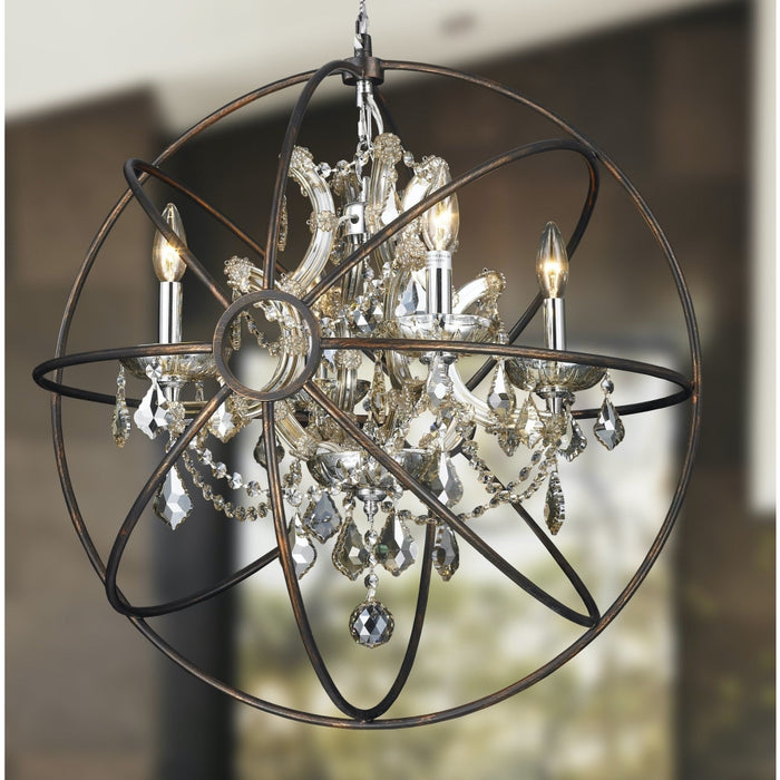 Armillary Dark Bronze Golden Teak Crystal 4 Light Chandelier - Chandeliers