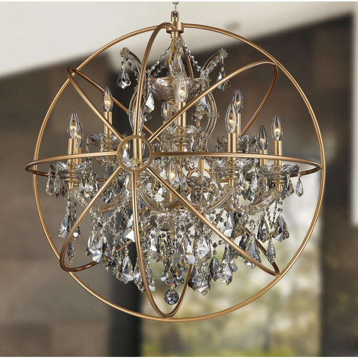 Armillary Matte Gold Golden Teak Crystal 13 Light Chandelier - Chandeliers