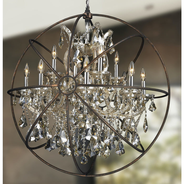Armillary Polished Chrome Golden Teak Crystal 13 Light Chandelier - Chandeliers