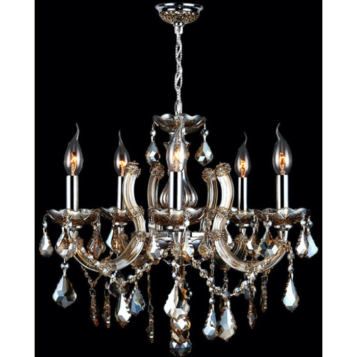 Catherine Polished Chrome Golden Teak Crystal 5 Light Chandelier - Chandeliers