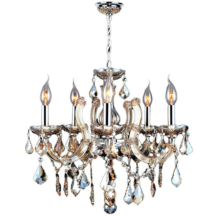 Catherine Polished Chrome Golden Teak Crystal 5 Light Chandelier - Chandeliers