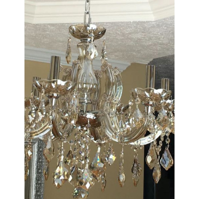Catherine Polished Chrome Golden Teak Crystal 6 Light Chandelier - Chandeliers