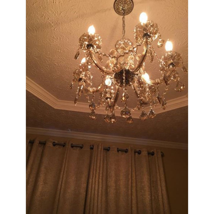 Catherine Polished Chrome Golden Teak Crystal 6 Light Chandelier - Chandeliers