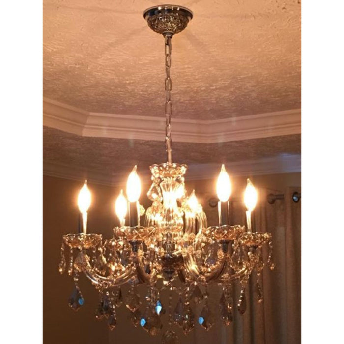 Catherine Polished Chrome Golden Teak Crystal 6 Light Chandelier - Chandeliers