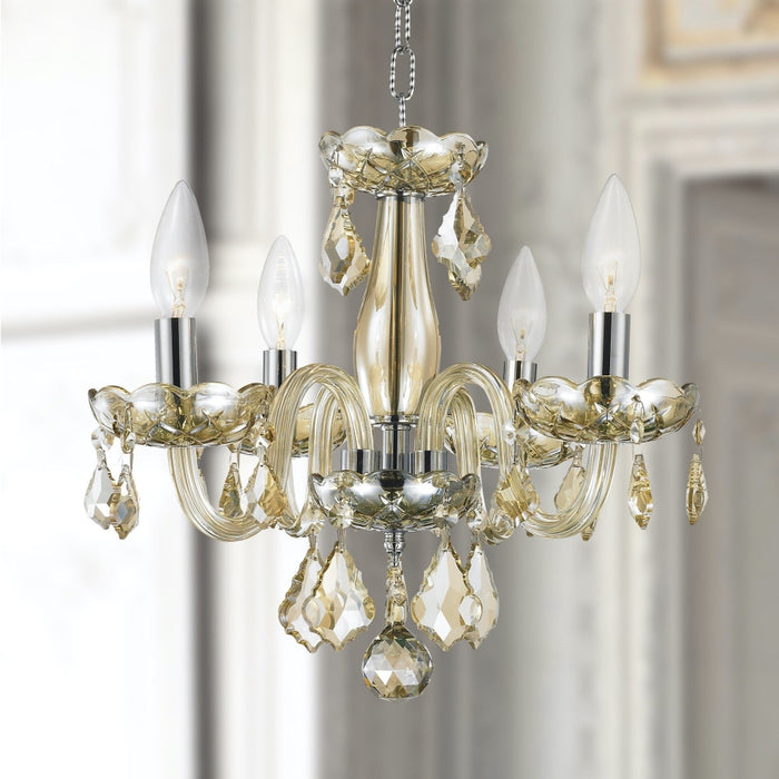 Clarion Polished Chrome Golden Teak Crystal 4 Light Chandelier - Chandeliers