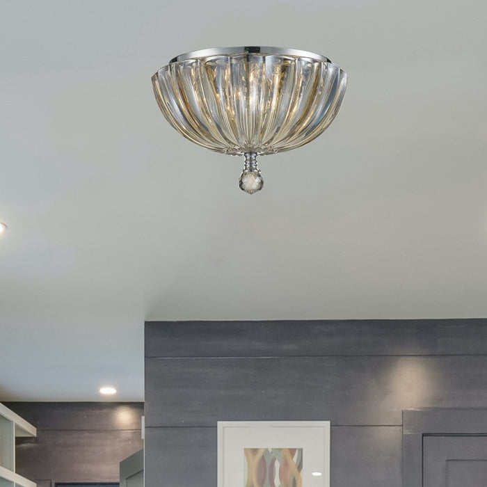 Mansfield Polished Chrome Golden Teak Crystal 3 Light Flushmount - Flushmounts