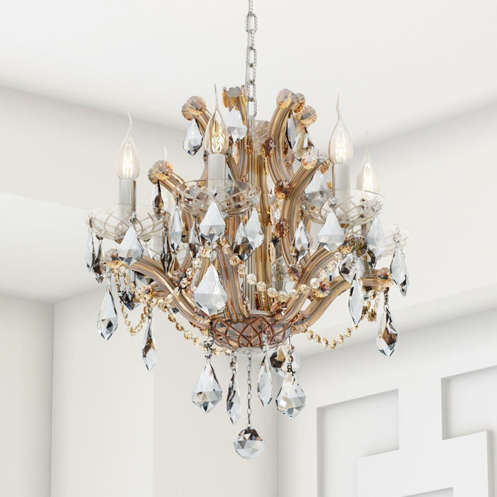 Maria Theresa Polished Chrome Amber Crystal 6 Light Chandelier - Chandeliers