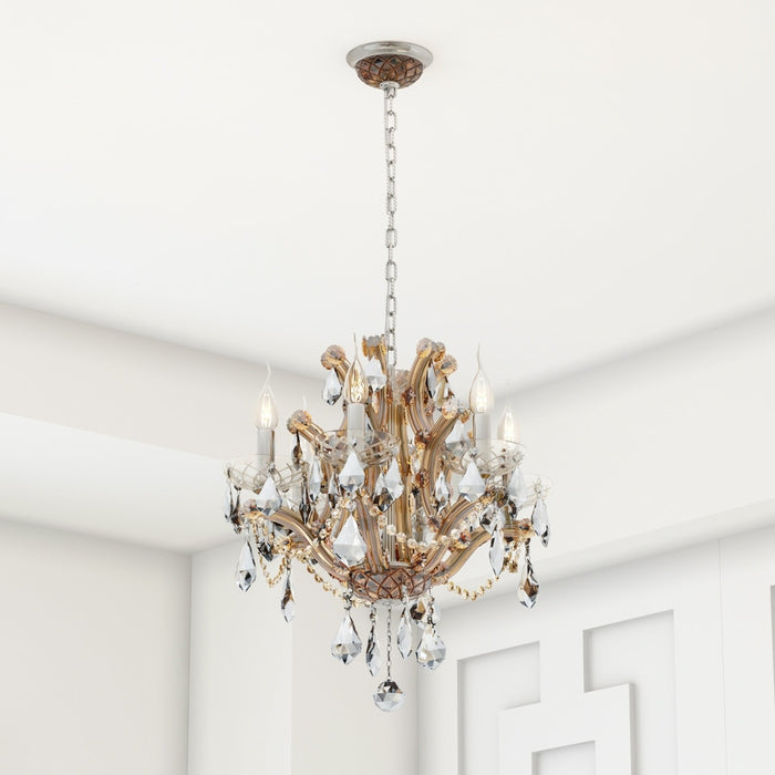 Maria Theresa Polished Chrome Amber Crystal 6 Light Chandelier - Chandeliers