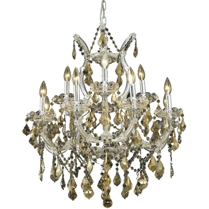 Maria Theresa Polished Chrome Golden Teak Crystal 13 Light Chandelier - Chandeliers