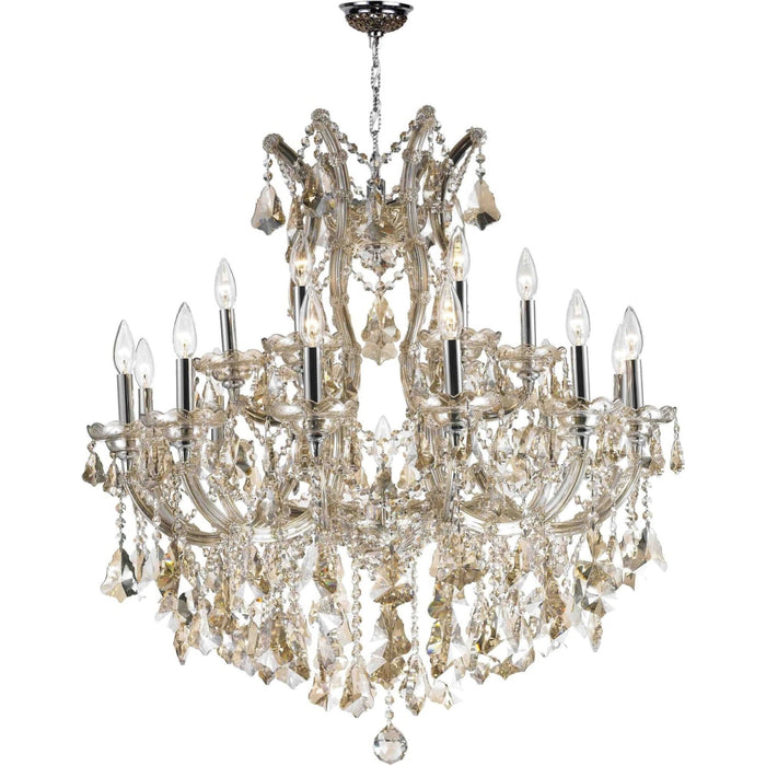 Maria Theresa Polished Chrome Golden Teak Crystal 19 Light Chandelier - Chandeliers