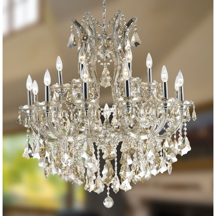 Maria Theresa Polished Chrome Golden Teak Crystal 19 Light Chandelier - Chandeliers