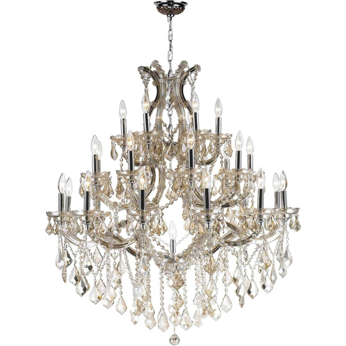 Maria Theresa Polished Chrome Golden Teak Crystal 28 Light Chandelier - Chandeliers