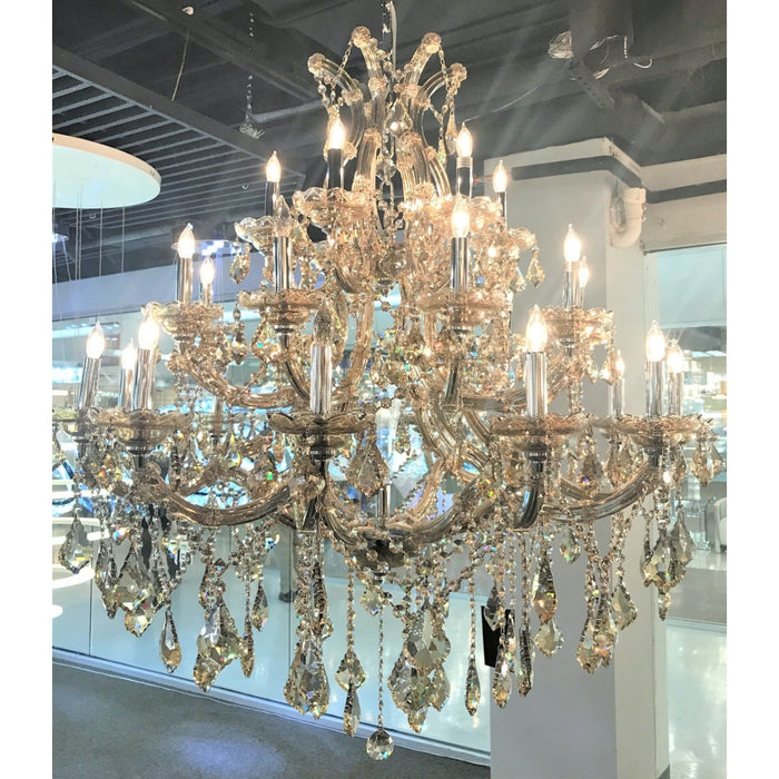 Maria Theresa Polished Chrome Golden Teak Crystal 28 Light Chandelier - Chandeliers