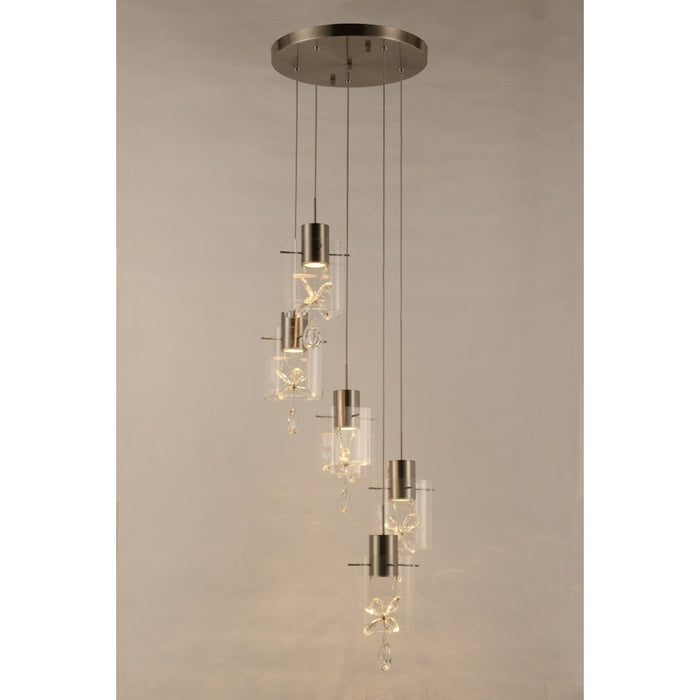 Papillon Matte Nickel Clear Glass 5 Light LED Pendant - Pendants