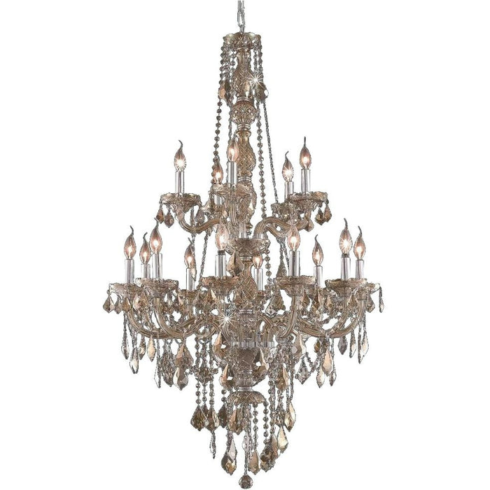 Provence Polished Chrome Golden Teak Crystal 15 Light Chandelier - Chandeliers