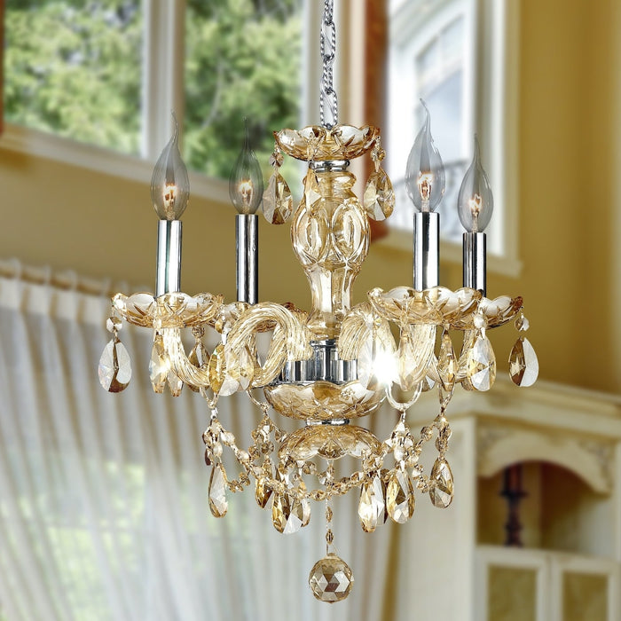 Provence Polished Chrome Golden Teak Crystal 4 Light Chandelier - Chandeliers