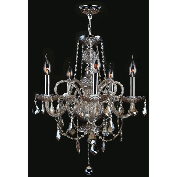 Provence Polished Chrome Golden Teak Crystal 5 Light Chandelier - Chandeliers
