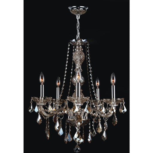Provence Polished Chrome Golden Teak Crystal 5 Light Chandelier - Chandeliers