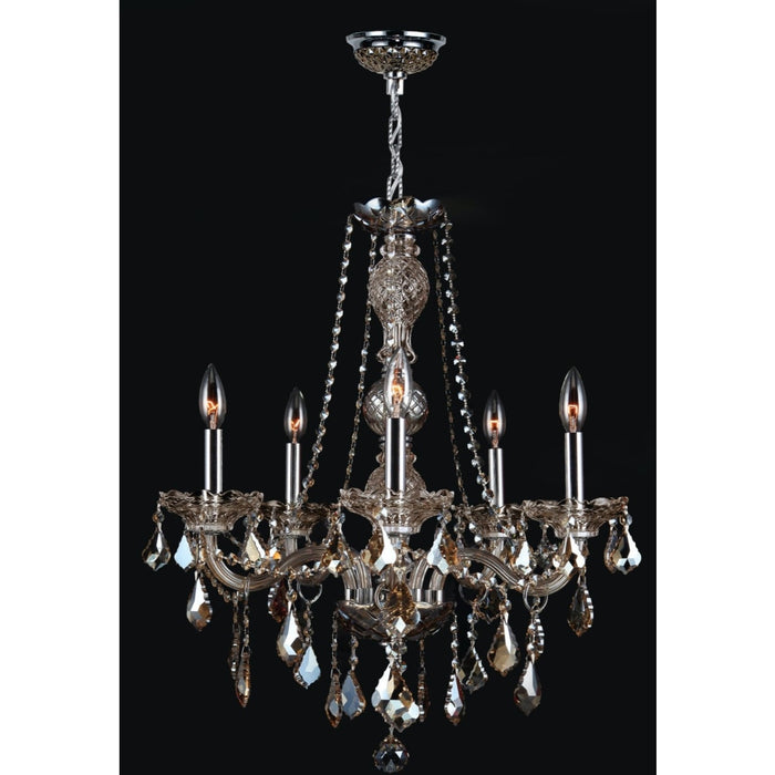 Provence Polished Chrome Golden Teak Crystal 5 Light Chandelier - Chandeliers