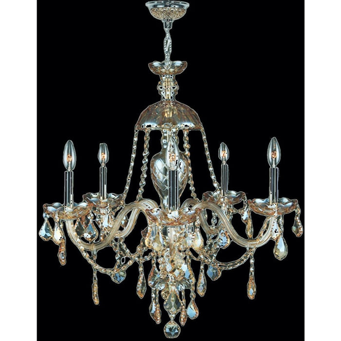 Provence Polished Chrome Golden Teak Crystal 5 Light Chandelier - Chandeliers