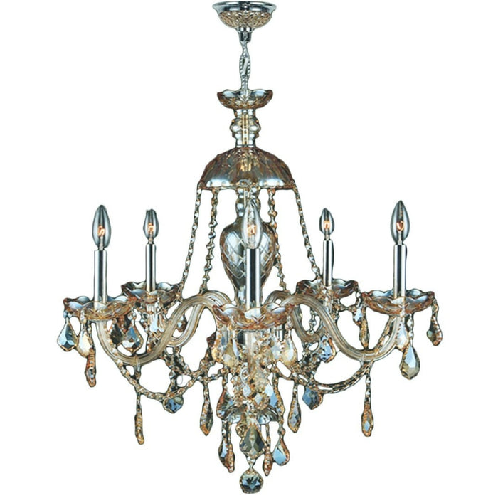 Provence Polished Chrome Golden Teak Crystal 5 Light Chandelier - Chandeliers