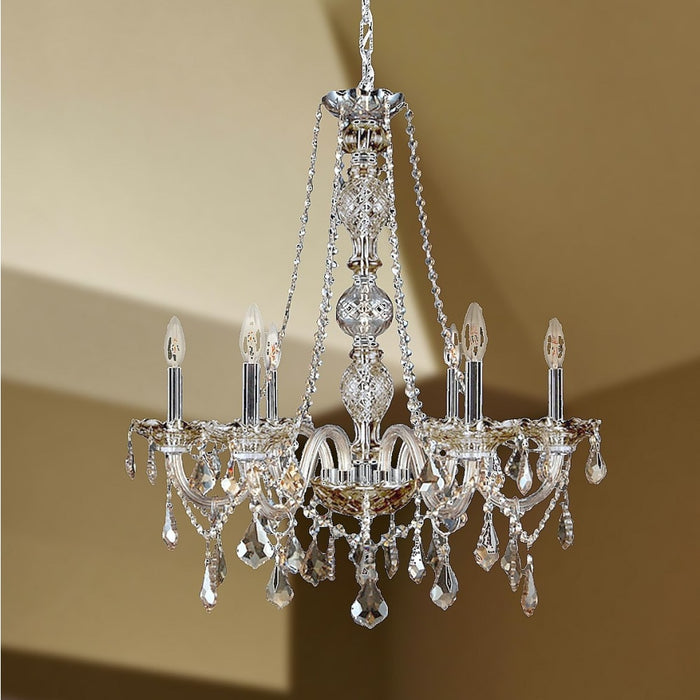 Provence Polished Chrome Golden Teak Crystal 6 Light Chandelier - Chandeliers