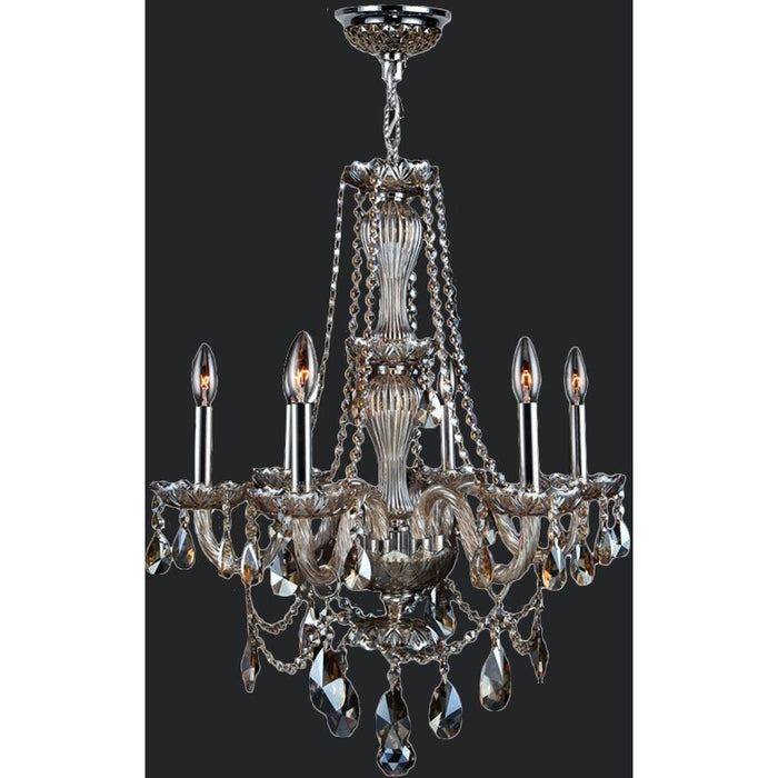 Provence Polished Chrome Golden Teak Crystal 6 Light Chandelier - Chandeliers