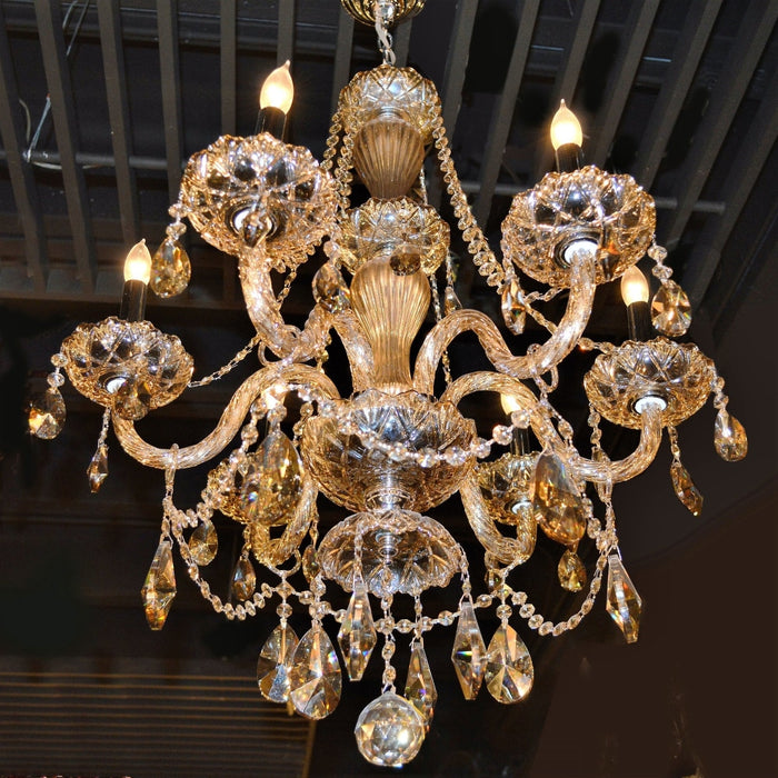 Provence Polished Chrome Golden Teak Crystal 6 Light Chandelier - Chandeliers