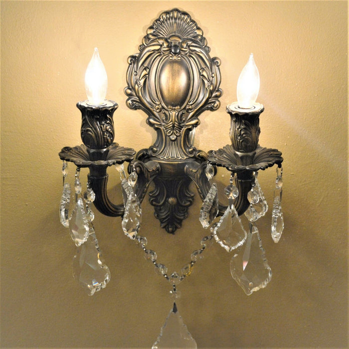 Versailles Antique Bronze Clear Crystal 2 Light Wall Sconce - Wall Sconces