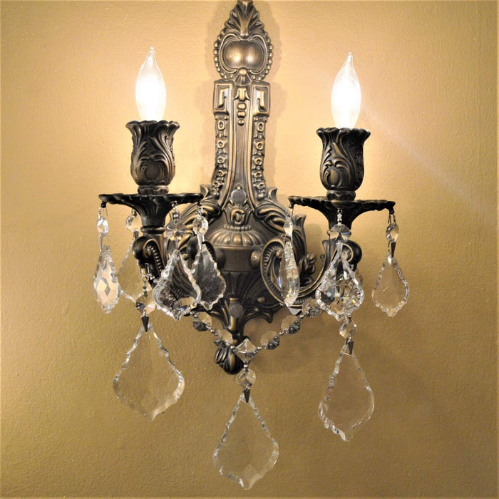 Versailles Antique Bronze Clear Crystal 2 Light Wall Sconce - Wall Sconces